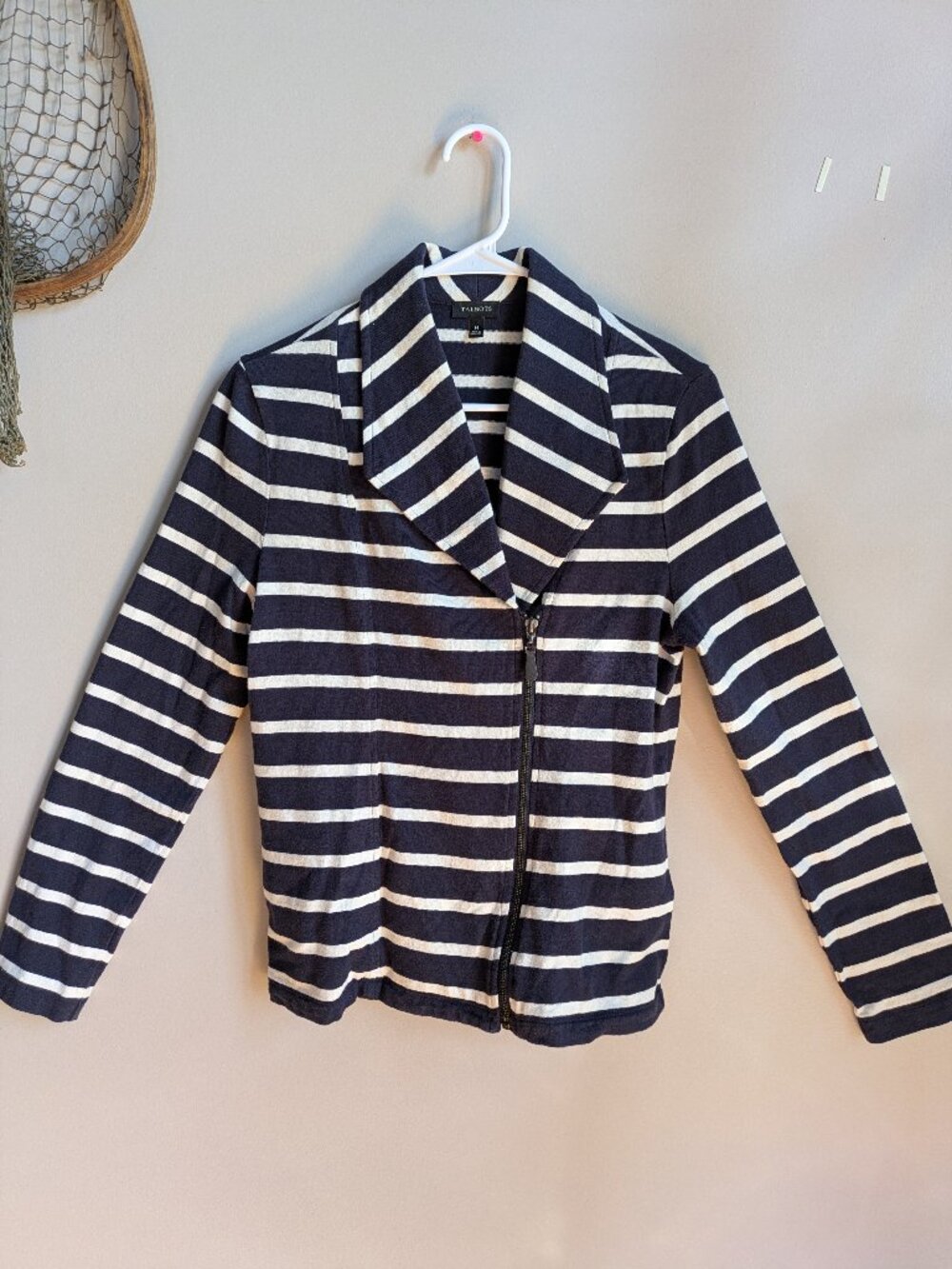 talbots woman navy & white striped zip up jacket cotton size M pockets #721